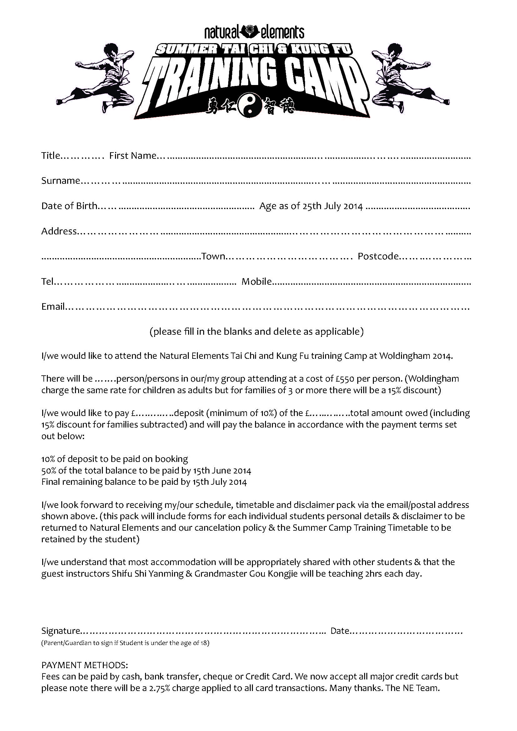 Summer 2014 Training Camp Booking Form